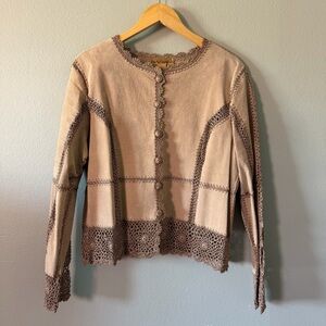 Vintage Suede Essentials Tan Genuine Suede Crochet Trim Jacket Size L